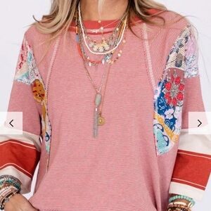 Easel Striped Floral Multicolor Patchwork Top Medium but is very oversized XL+